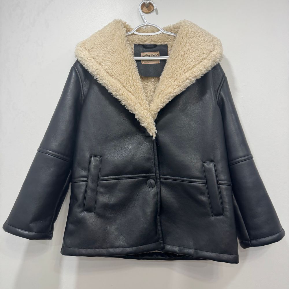We The Free Black Faux Leather Shearling Jacket with Cream Trim - Picture 2 of 12
